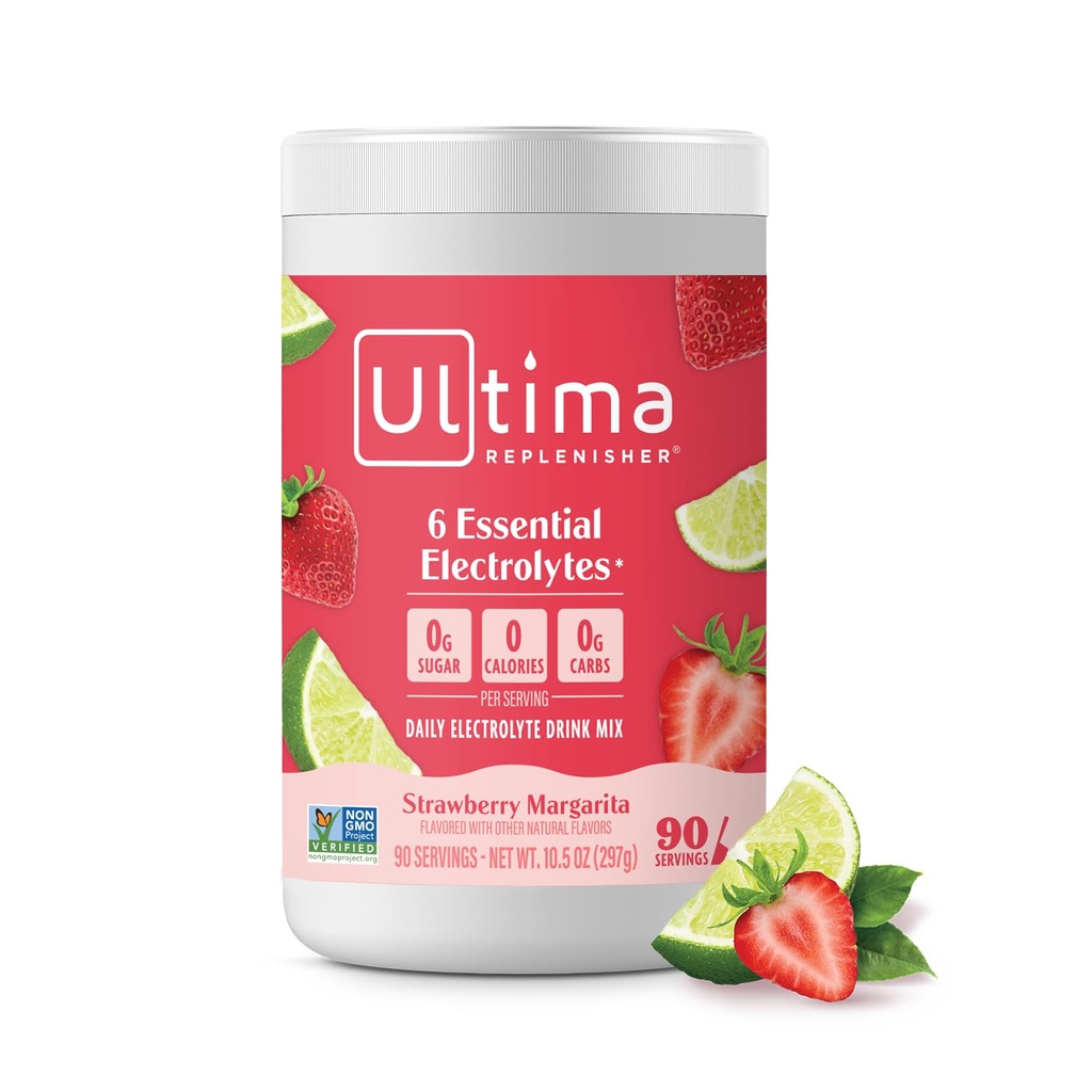 Ultima Replenisher Daily Electrolyte Powder Drink Mix – 无糖配料 – 草莓玛格丽塔,90 服务配料 – 配有6个关键电解质和追踪矿物的水化粉 – Keto 友好非GMO