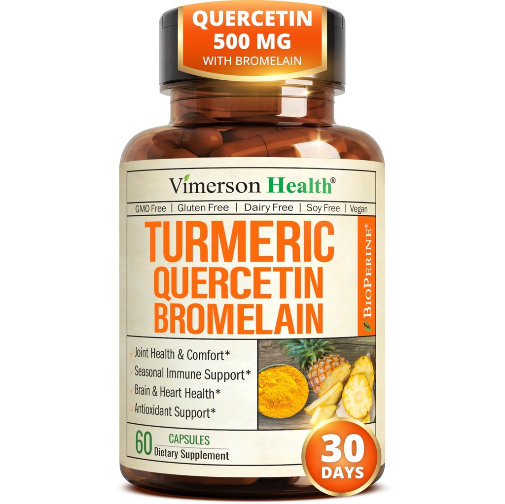 Quercetin with Bromelain Turmeric Crucumin 补编 – 过敏救济,联合和免疫支持 – 有机图尔克补充 黑色辣椒(Bioperine) – 60 Quercetin 500mg Capsules