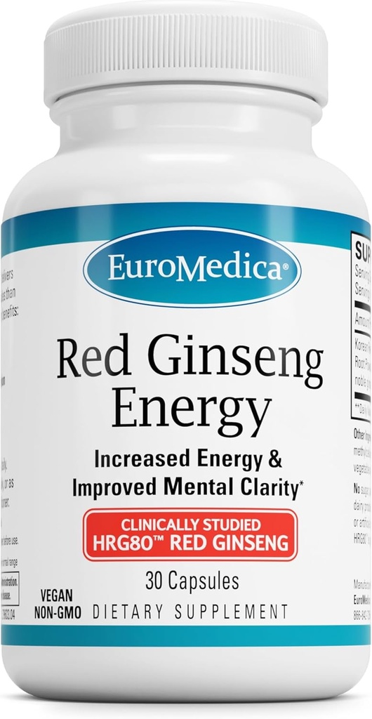 EuroMedica Red Ginseng Energy - 支持健康能源与焦点的补编 - 配有韩国红金生根粉的草药补编 - 维冈药片援助健康耐力 - 30 Capsules