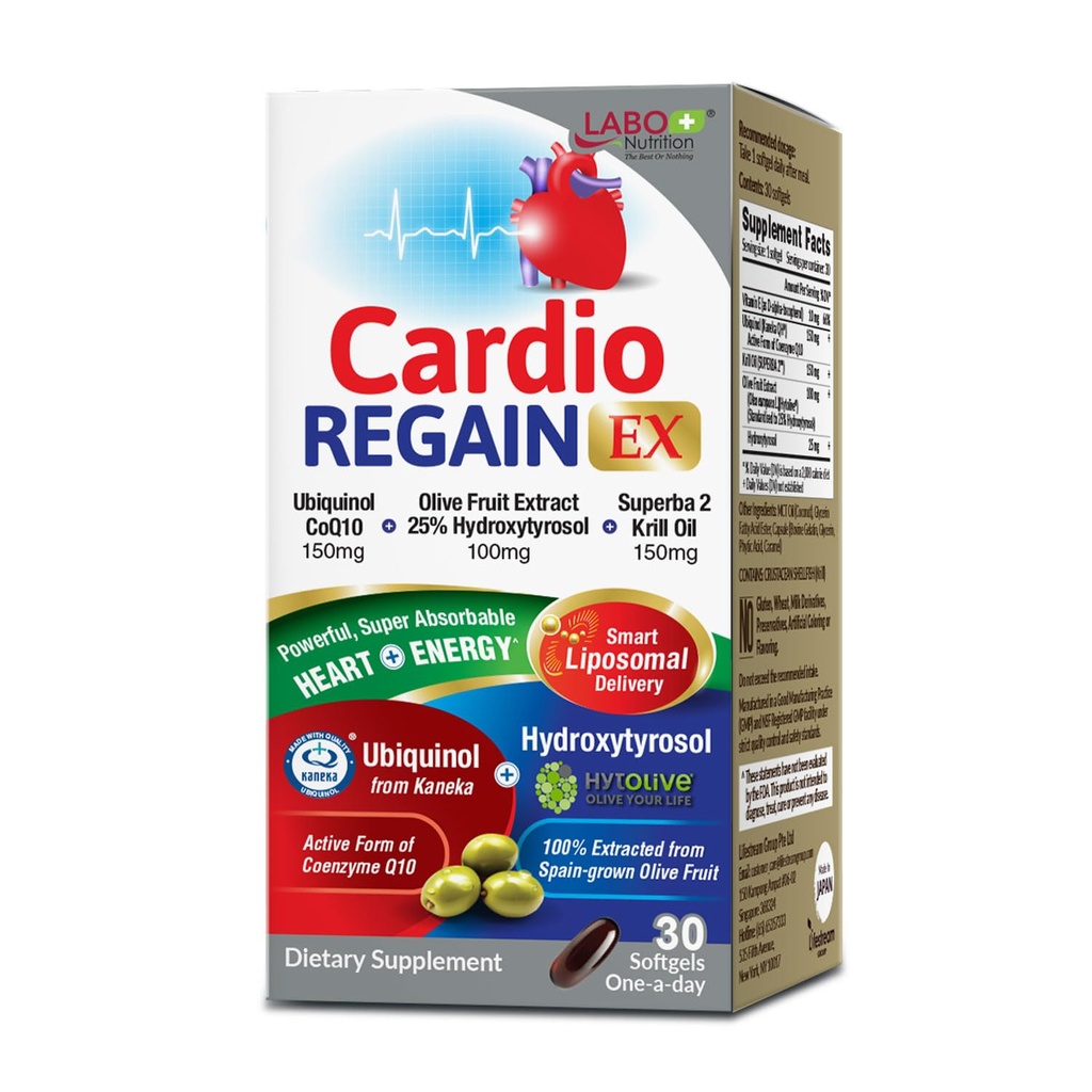 LABO 营养心肺X – Ubiquinol CoQ10 配有 Kaneka QH 150mg,橄榄果提取(25% Hydroxytyrosol),Krill Oil – Heart, Cellular Energy, Liposomal 吸附,非GMO, Soy-Free