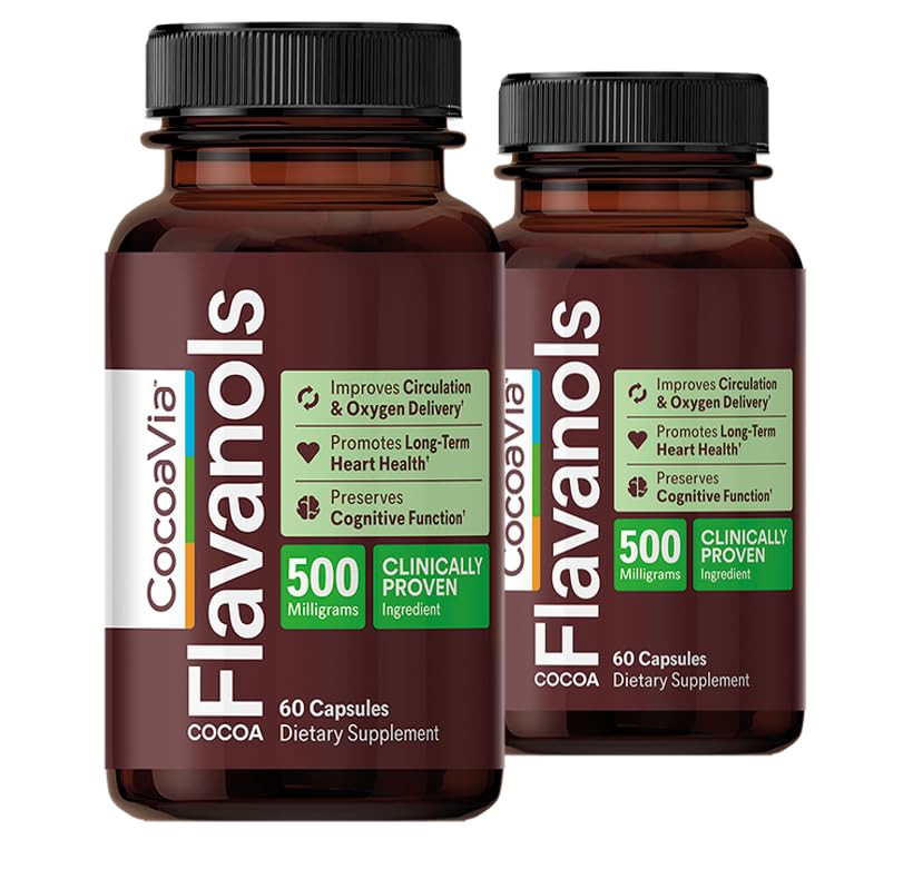 CocoaVia Cardio健康补编,60天,500毫克Cocoa Flavanols,支持心脏健康,Boost Nitric Oxide,血液循环,能源,Vegan,暗巧克力,120卡普尔