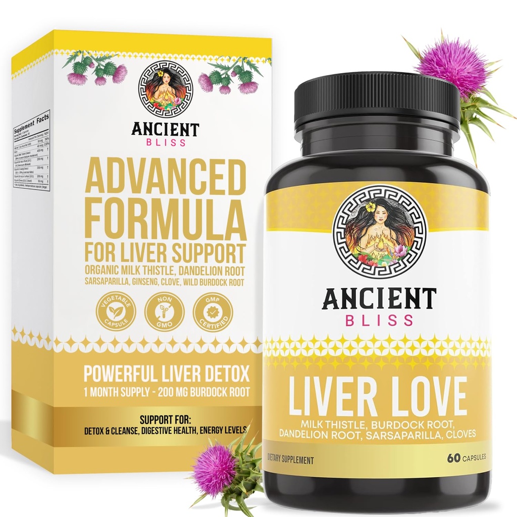 Ancient Bliss Liver Love - Natural Milk Thetle Liver Detox and Liver Health Cleanse 补充 - 支持男女健康生活者 - 60 Capsules - 与Burdock, Dandelion, Cloves, 以及更多