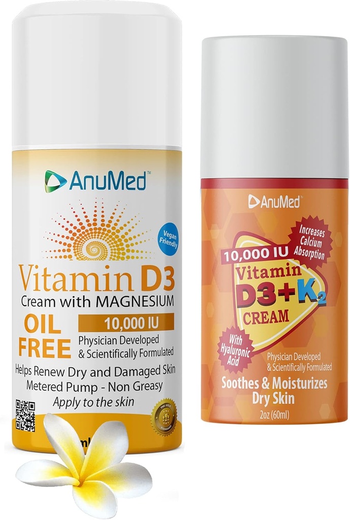 ANUMED Bundle Natural Cream with Vitamin(D3 10,000 IU 无油)+(D3 with K2 10,000 IU Travel Size 2oz) 强力成份与Hyaluronic酸,镁,维生素E,锌,维生素B3. 非GMO.