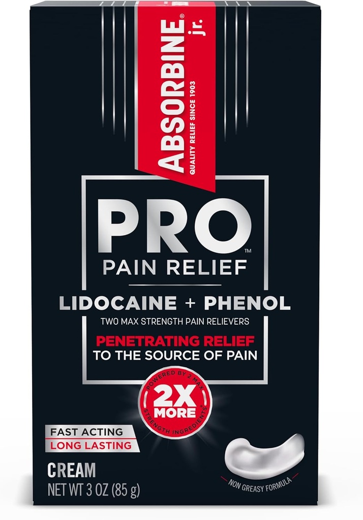 ABSORBINE JR. Absorbine Jr. PRO Max Force Lidocaine Cream, 以Phenol快速施展神经疼痛,肌肉痛,以及联合不适,非Greasy Formula, 3oz. 1号管