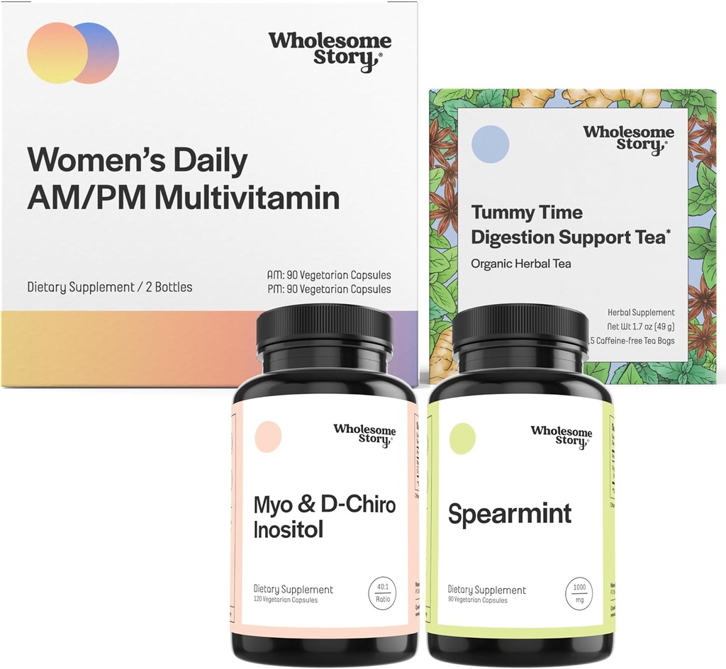 Hormone 平衡支持 Bundle | Myo-Inositol & D-Chiro Inositol 混合30天供应 |有机斯皮尔明 30天供应 |妇女多维塔明日报 30天供应 |疾病晨茶 15ct