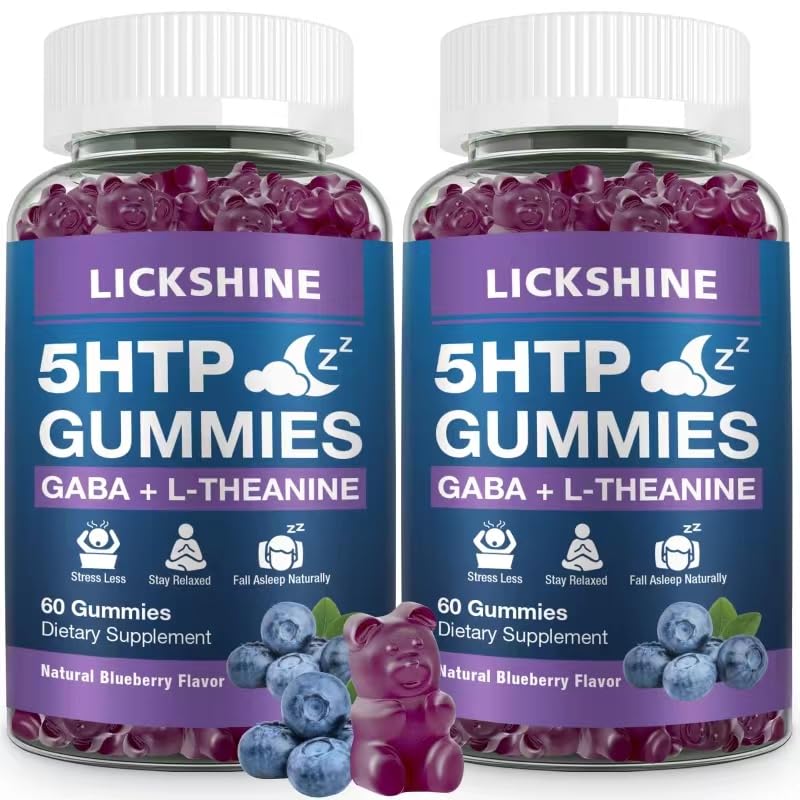 2 Pack 300MG 5-HTP GABA 睡眠补充Gummys 配有200mg L-Thenine 大脑,Mood 稳定剂和睡眠支持,无梅拉托宁,Omega 3-6-9 天然Zzzs,蓝莓火焰