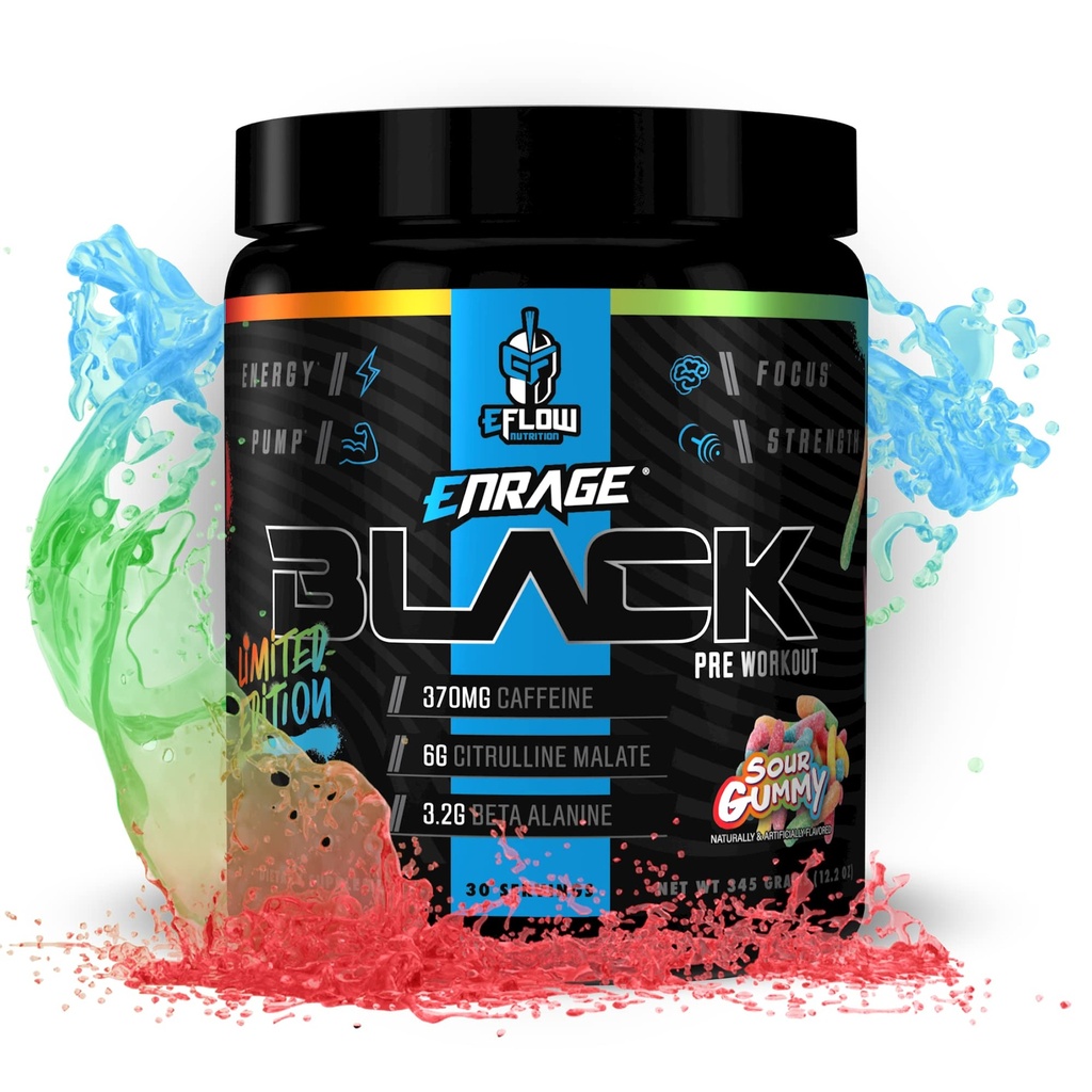 eFlow Entertainment Black 高兴奋剂工作前补充剂 - 工作前粉剂到促进能源、泵和力量 - 4 Flavors (30 services) (Sour Gummy)