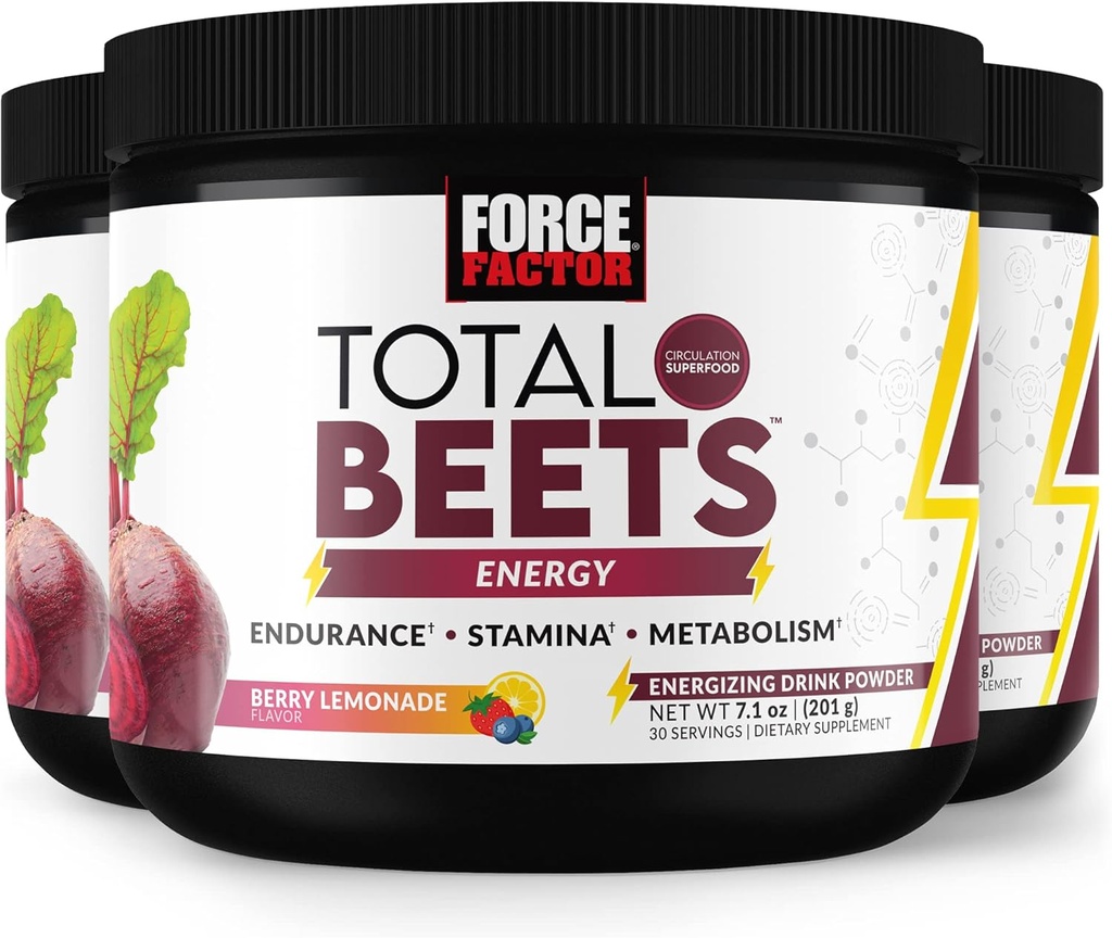 FORCE FACTOR 总 Beets Energy Drinking Mix 3-Pack, 超级食品 Beet 根粉,硝酸盐变酸盐能量,支持流通,血液流动,硝酸氧化物和Stamina,心脏健康补充,90种服务