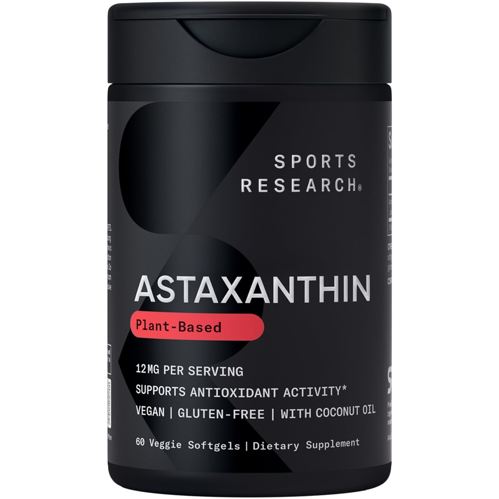运动研究三强 Vegan Astaxanthin 补充来自藻类 - 基于植物的抗氧化剂活动软胶,皮肤和眼部健康 - 非GMO 验证,用椰油制成 - 12mg, 60 Counter