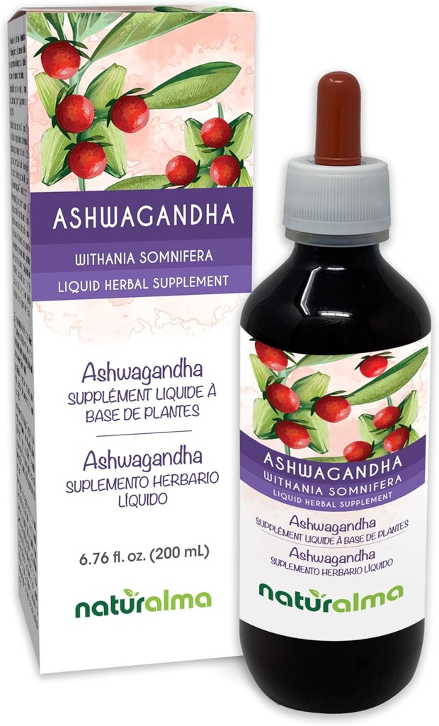 Naturmala Ashwagandha (Wisania somnifera) 根无酒精小叮当 - 6.76 fl oz 液滴提取 - 草药补充 - Vegan