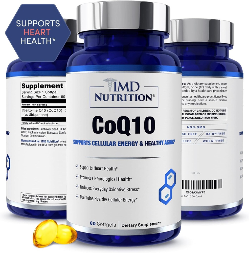 1MD 营养 CoQ10 - 心脏健康与细胞能源生产 - 男女健康补充 - Coenzyme Q10 Softgel - 60天