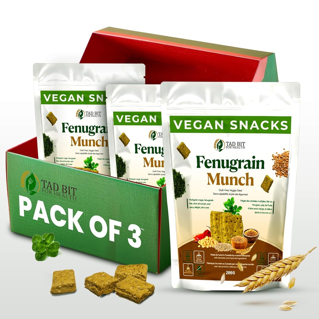 Tad Bit's Fenugrain Munch – Premium Indian Handy Vegan Snacks Crackers – 基于植物的 Vegan 成人和儿童健康小吃 – 乳品自由,糖质自由小吃 – 低卡罗里 整体小麦消化饼干(3包,600克拉姆)