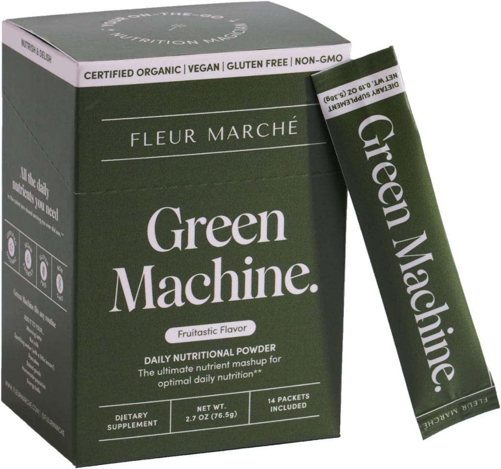 Fleur Marche Green Mache Green Machine 超级绿药包 - 有机绿药包 水果与良药 - 超级食品用于消化,能源,微生素支持和解毒 - On-go Green Juice - 14 Packets