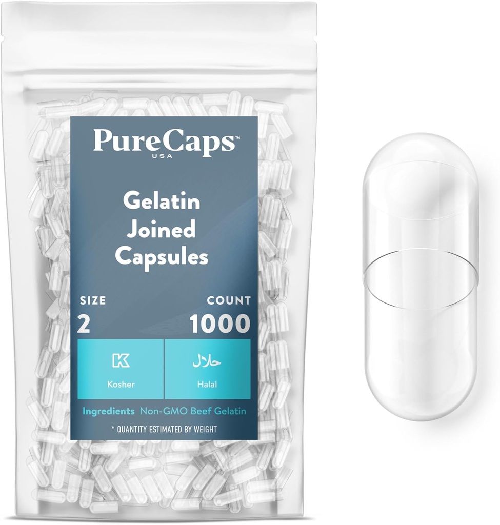 纯Caps USA - 空 Gelatin Capsules 大小 2| 1000 加入 Pills| Clear| 非GMO 认证 | SLS, Gluten, 防腐自由