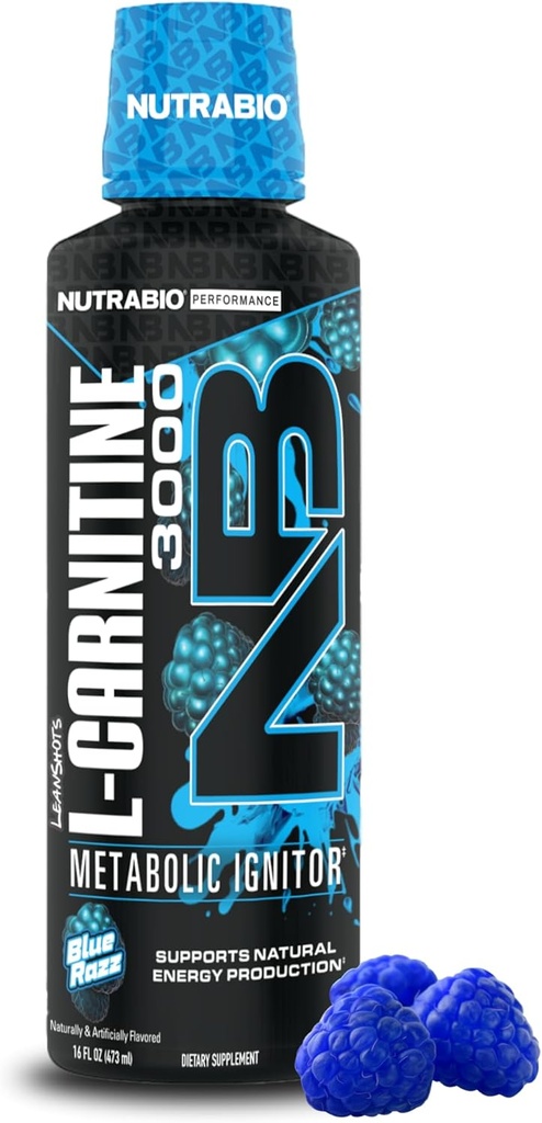 NutraBio – L-Carnitine Liquid Shots – 3000mg, (蓝色拉兹) – 10mg 维生素 B-5 – 零碳糖 – 能源生产 – 肌肉恢复