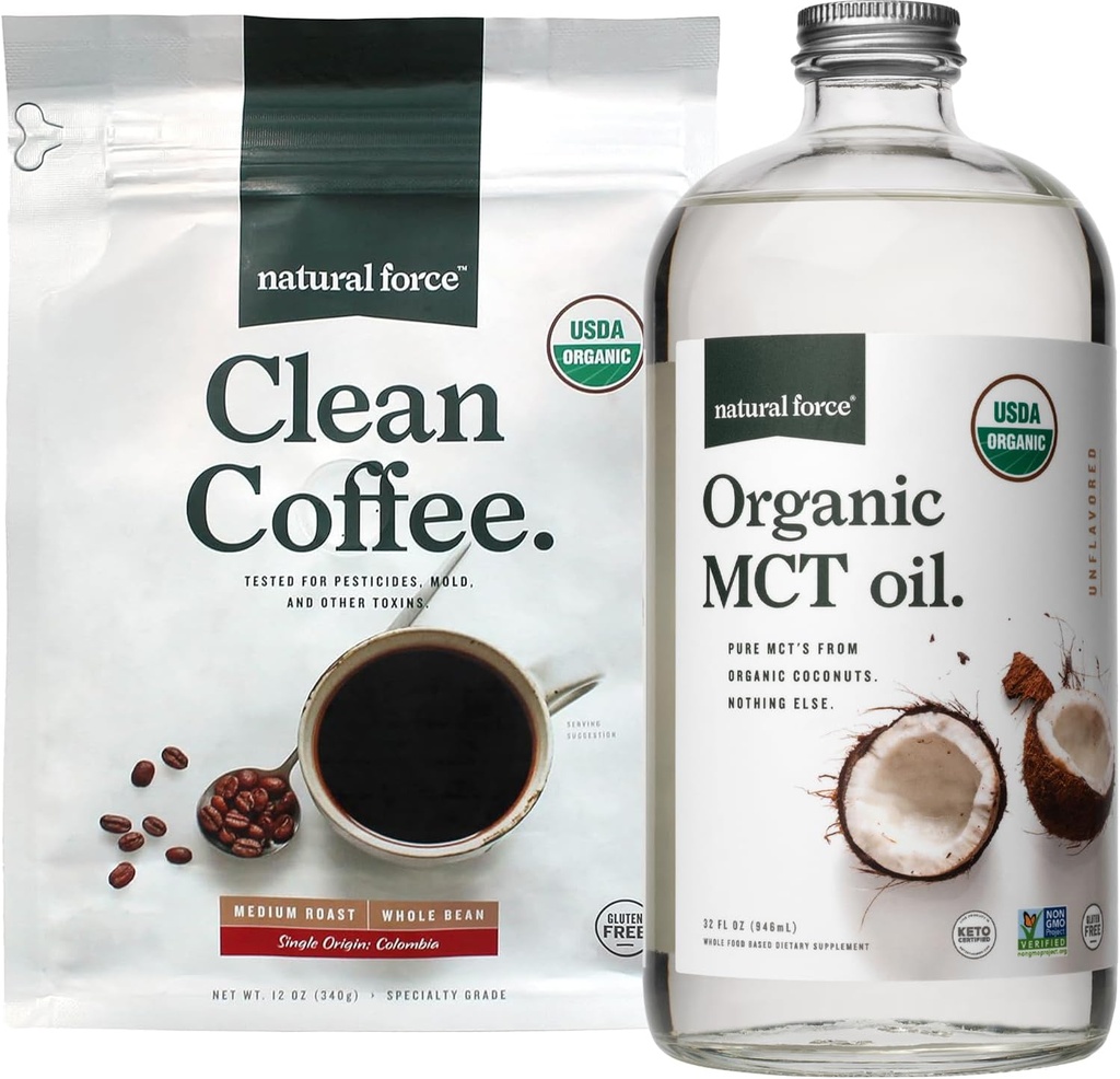 自然力量 有机清洁咖啡 + 有机MCT Oil Bundle – 100%纯椰子 MCTs & Mold & Mycotoxin 免费咖啡 – 非GMO, Keto, Paleo,和 Vegan – 12 Oz Bag 和 32 Oz Glass Bottle
