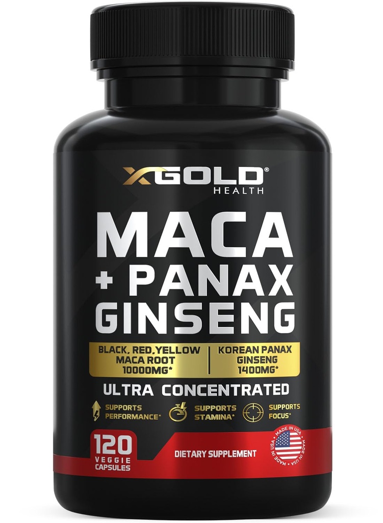 Maca Root Capsules 10,000 mg + 韩语 Panax Ginseng 1,400 mg - 20x 集中抽取黑色 + 红色 + 黄 Maca Root, 10x 集中抽取 Panax Ginseng Capsules - Ultra Potent 和 高度纯化