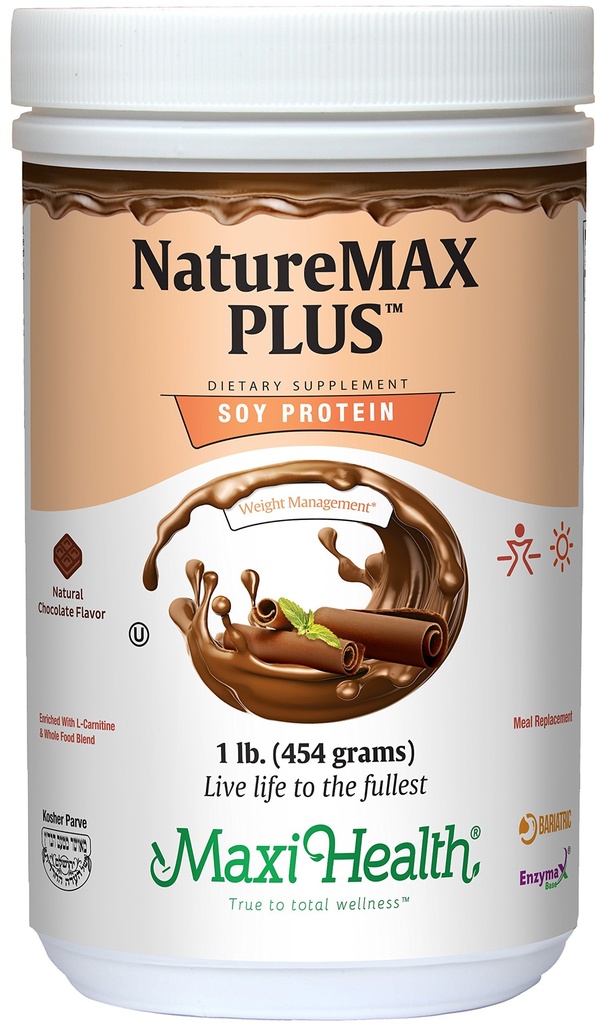 Maxi-Health NatureMAX Plus 能量支持 饮用大豆蛋白粉 - 无糖饮食补充 - 20g 蛋白质 Per service - 天然巧克力 Flavor - Kosher 维生素 - 1lb