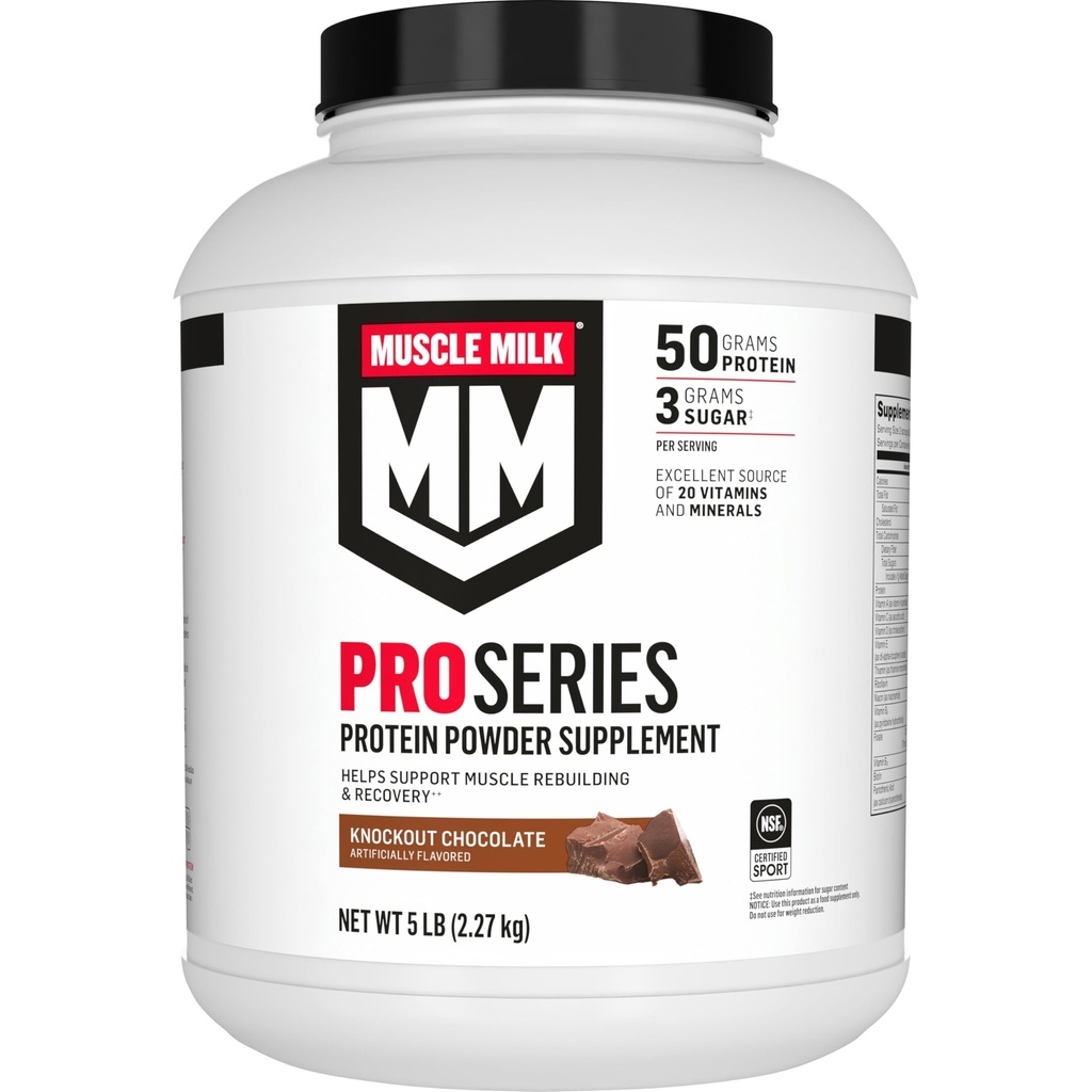 Muscle Milk Pro 系列蛋白粉补充剂,击倒巧克力,5英镑,28种服务品,50克蛋白,3g糖,20种维生素和矿物,NSF获得体育,工作恢复认证