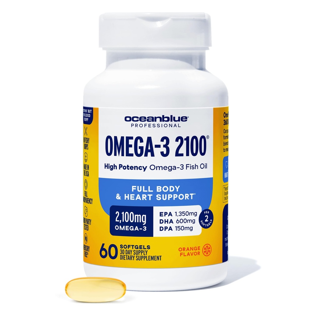 海洋蓝专业Omega-3 2100-60 计数 - 高概率三重强度无鱼油补充剂,配有环保局,DHA & DEA - Orange Flavor, 30名服役人员