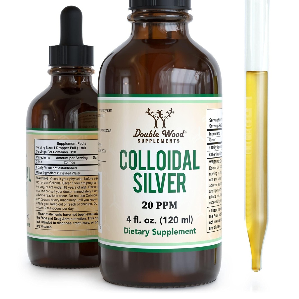 20 PPM - 4 Fl OZ (Plata Coloidal with Dropper) 99.9% 纯度,Gluten Free,非GMO 双木辅料