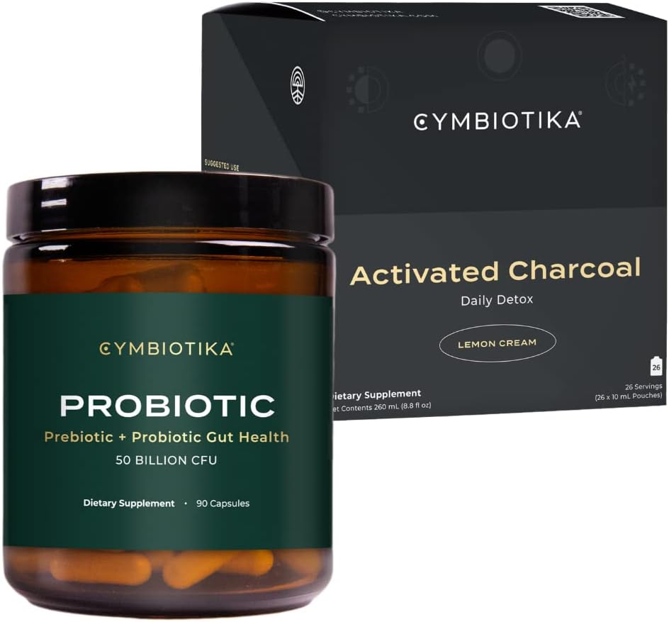 CYMBIOTIKA Probiotic 5亿 CCFU 和 激活的炭液补充,支持男女健康消化,胃解毒和消化救济,帮助缓解气体和气团,方便使用