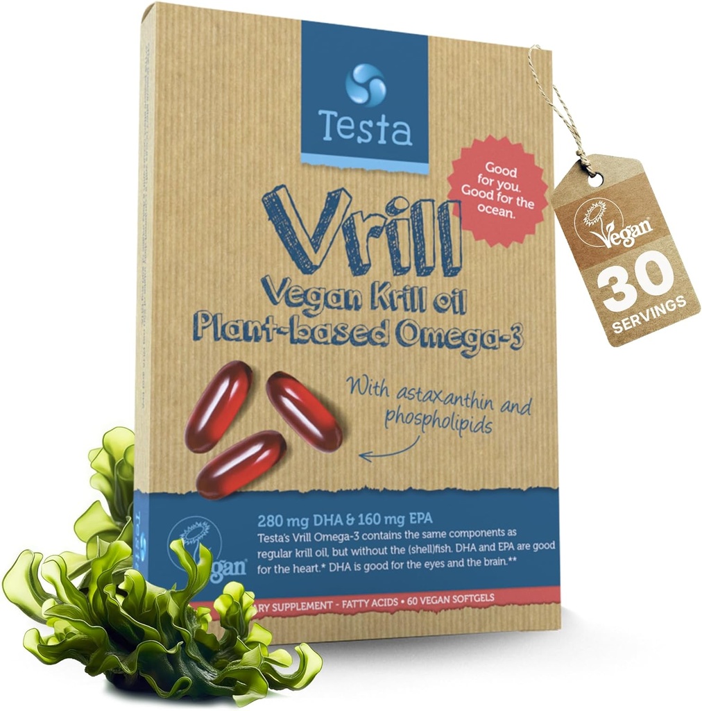 Testa Omega 3 Vegan Krill Supplement-1000mg Softgels, 2 Times More Omega-3, DHA, EPA, Astaxanthin, Phospolipids - 心脏,脑,眼,联合支持 - 不来自鱼类,藻类源 - 60 Softgels