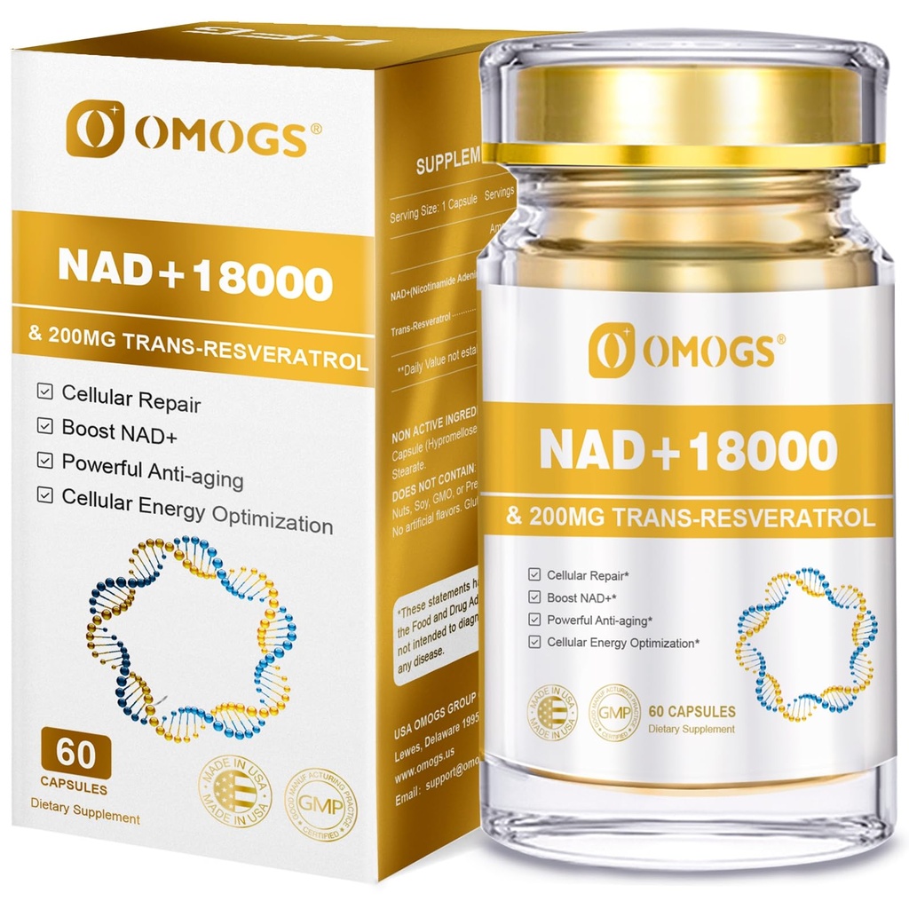 OMOGS NAD+ 300 mg + 跨抗反转录200 mg,纯 NAD 补充, Max 吸收, DNA修复的助推补充,健康衰老,细胞能量和长寿, 60 Capsules