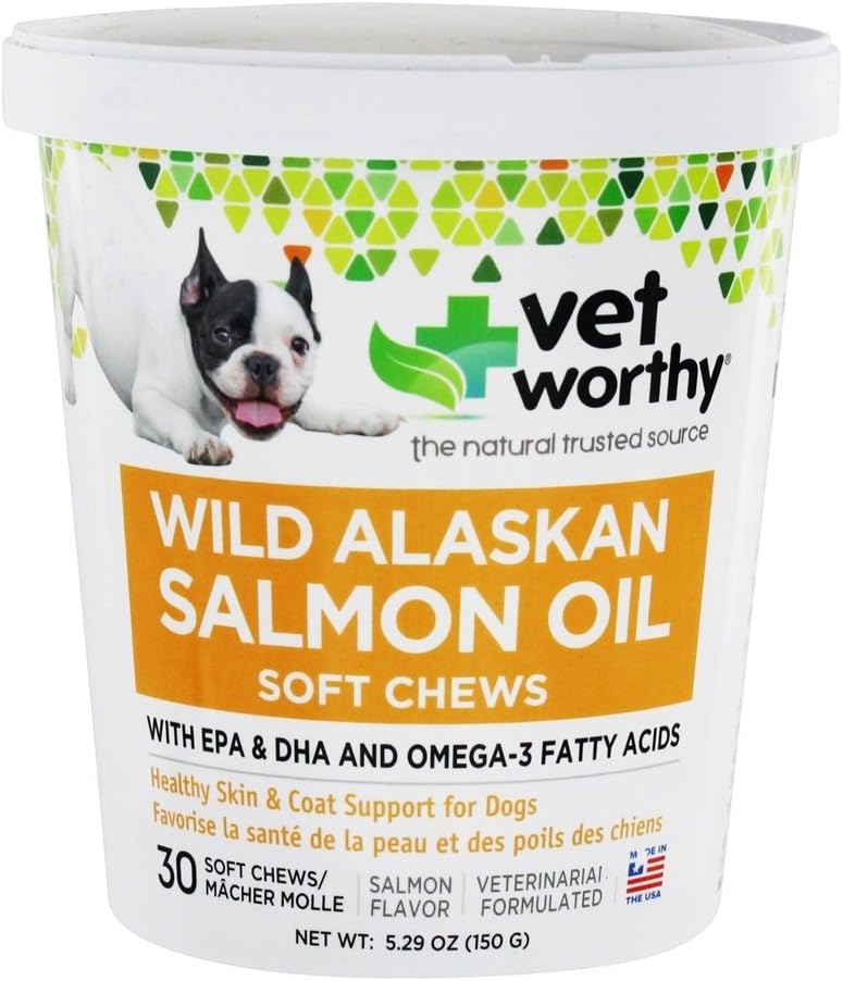 Vet Worthy Salmon Oil Skin and Coat Soft Chews for Dogs - 支持健康皮肤和美丽煤炭的狗肉补充剂 - 鱼油补充剂 Omega 3 Fatty Acids - Salmon Flavor - 30 Soft Chews