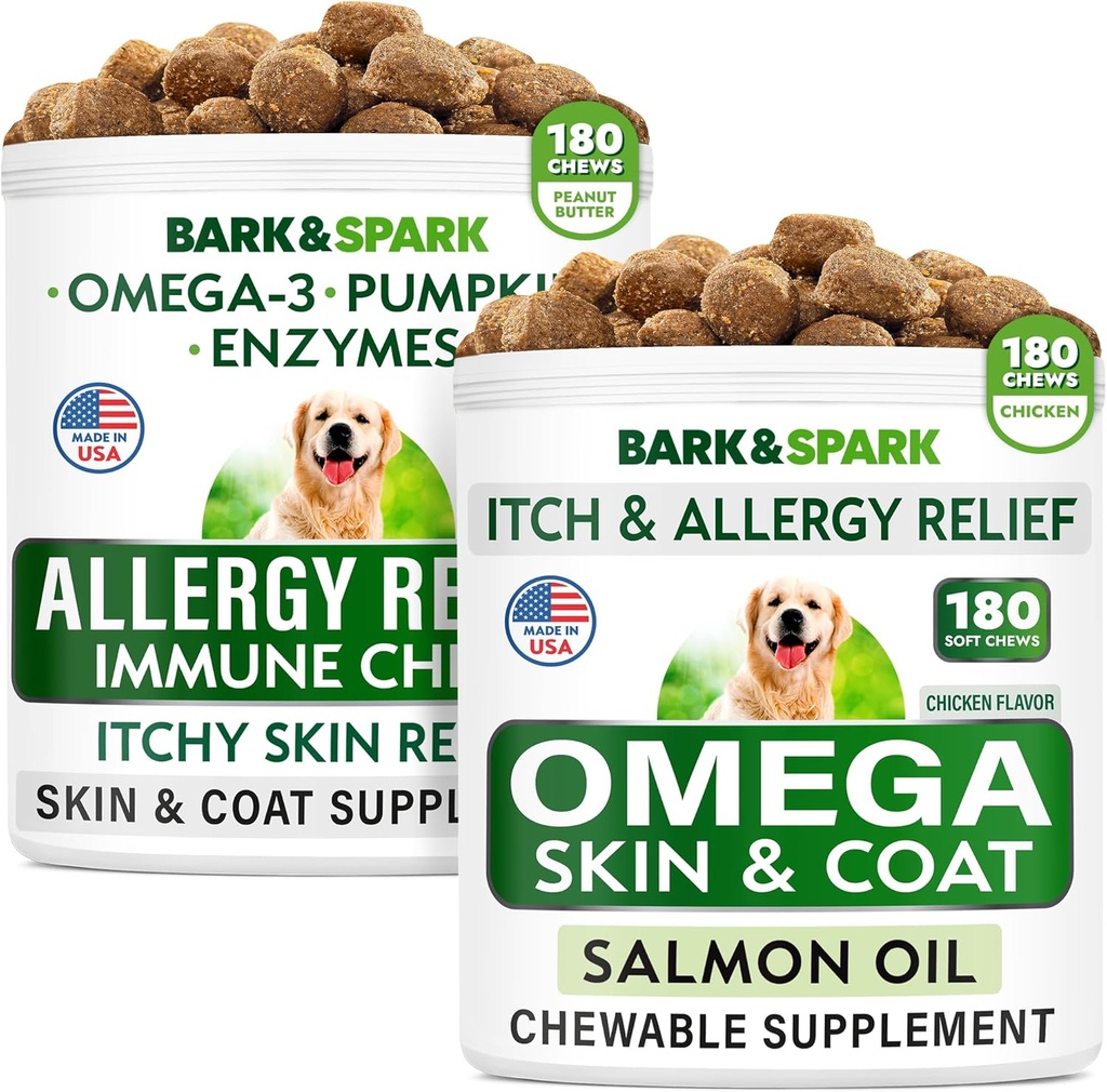 过敏性减肥+Omega 3用于狗肉包 - 抗痒皮肤和皮肤过敏 - Omega 3鱼类油 + EPA & DHA Fatty Acid - Titching & Paw Licking + 联合健康 - 360 Chews - 在美国制造