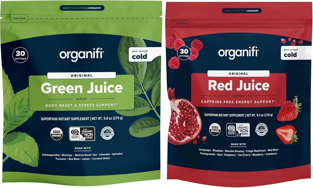 Organifi Green Juice和Red Juice Bundle - 30天供应 - 美味,刷新 有机超级食品补充剂 配有抗氧化剂的抗氧化剂 能量和压力缓解支持 - 没有 GMO、Gluten 或 Soy