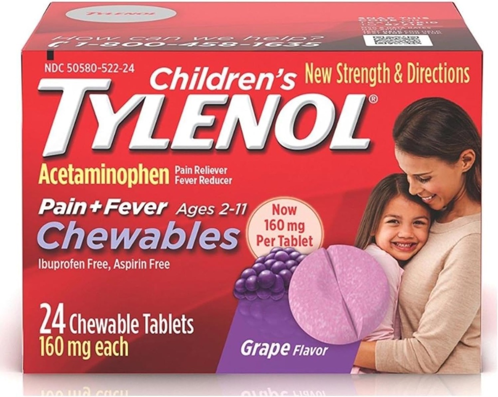 Tylenool 儿童疼痛 + Fever Chewables 片式160毫克,葡萄火焰24 ea(3包)