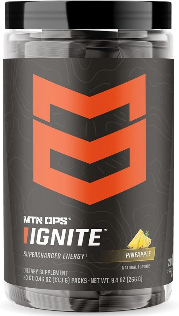 MTN OPS Ignite Trail Packs 能量饮料粉, Gluten 自由诺热带 补充 饮料混合物, L Arginine, L Citrulline, Cafeine 和 Nootropic 糖自由饮料混合物, 20 services, Pineapple Crush