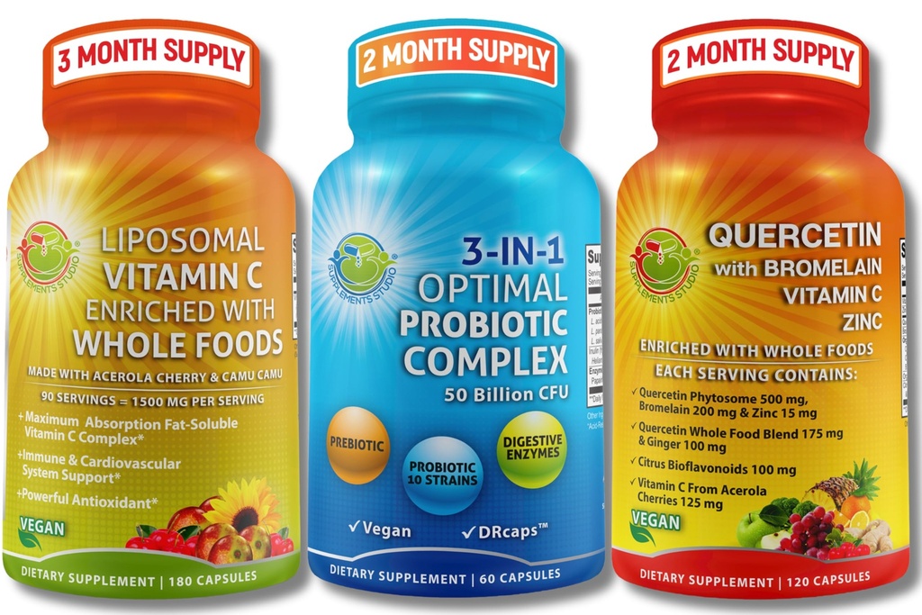 Immune & Gut Health Bundle – 3-in-1 配有酶 & Prebiotic + u素配有布洛梅兰,锌,维生素C和有机全食品+ Liposomal 维生素C 1500mg配有有机Acerola和Camu Camu