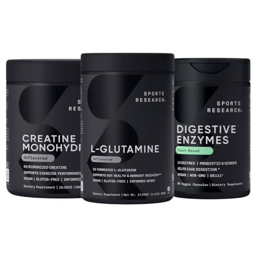 体育研究L-Glutamine(100名服务员)、Creatine Monohydrate(60名服务员)和带有Probiotics & Ginger(90名服务员)的消化酶 -- -- 所有非GMO验证、Vegan & Gluten Free