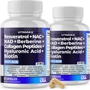 Vitamax Resveratrol NAD+柏柏林 Hyaluronic Acid - Biotin Grape & Blueberry + NAC - Collagen Peptides - 头发,钉子,皮肤和联合补充 - 21-in-1 妇女和男子 - 美国制造 - 120个计数器