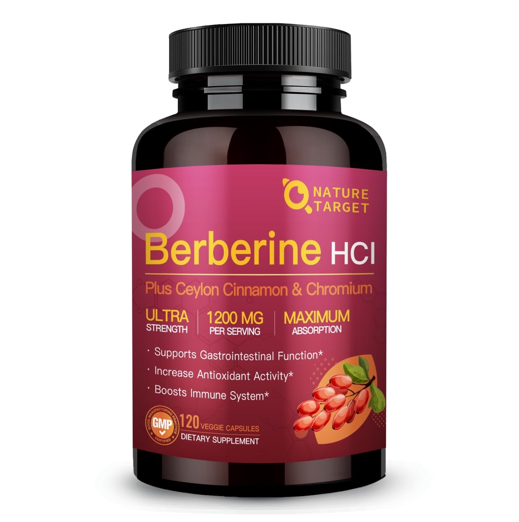 NATURE TARGET 柏柏林HCl 1200mg,柏柏林配锡兰桂,铬 - 支持Immune,胃肠和心脏健康,Non-GMO,120 Capsules