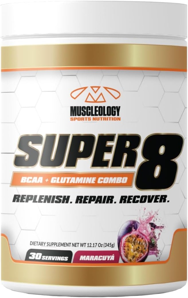 MUSCLEOLOGY Super 8 高性能 BCAA,电解和Glutamine Blend公式 - 工作后恢复和肌肉建筑补编,30 Service(马拉库亚)