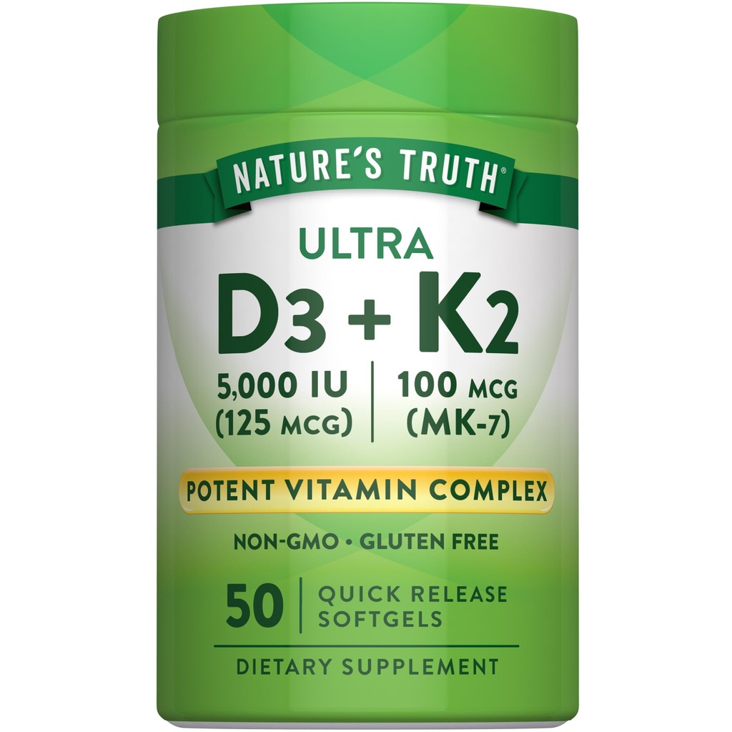 大自然的真理维生素 K2 MK7 复合体 | 100 mcg | 50 Softgels | | | D3 | Non-GMO & Gluten 免费补充