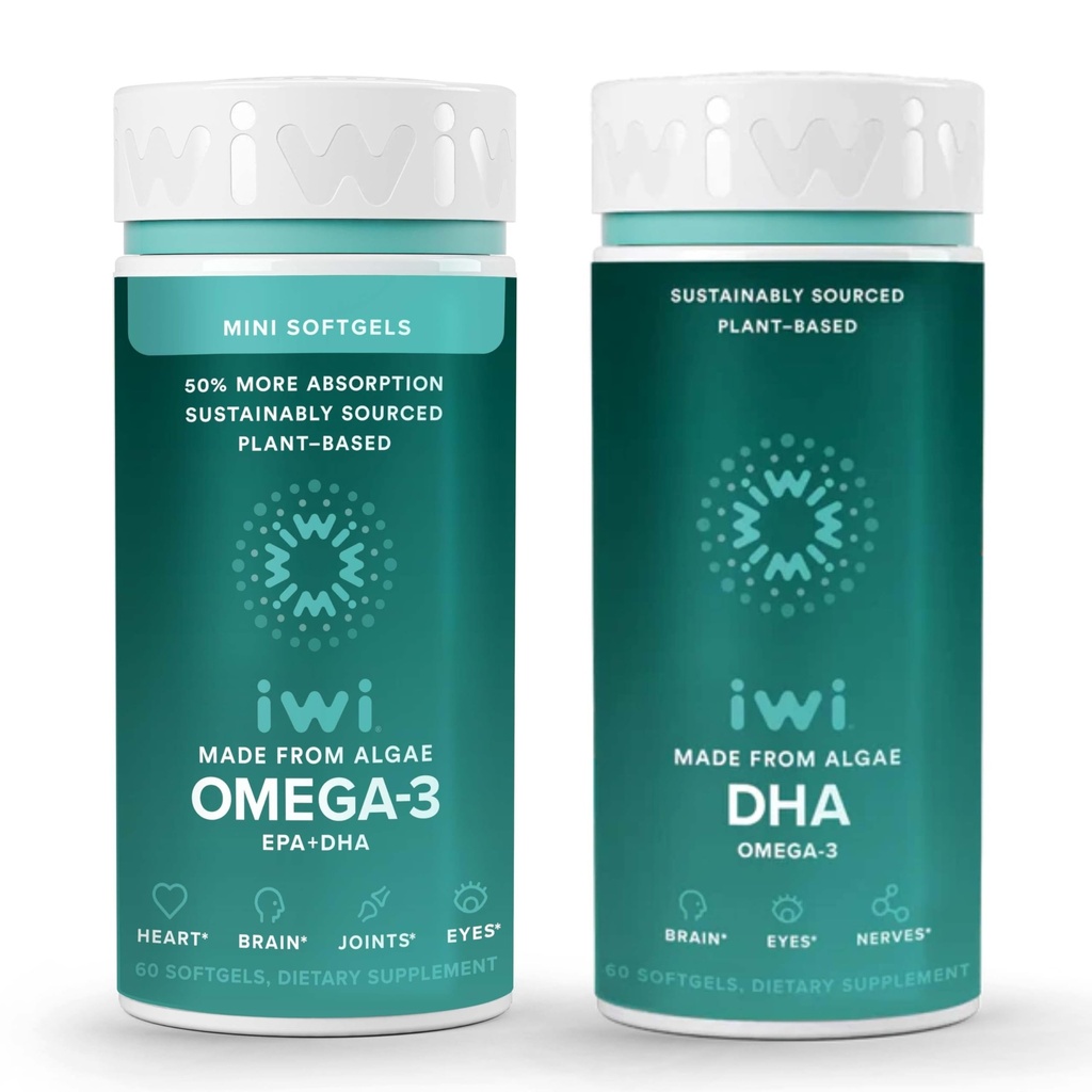 Iwi Omega-3 Minis & DHA Omega-3 Bundle, 30名服务员, Vegan 植物藻类 Omega 3, Krill 和鱼油替代品, 无鱼味余料