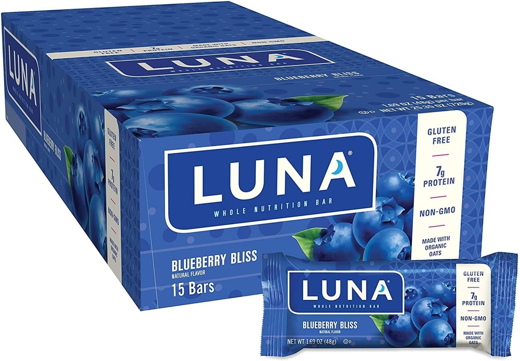 LUNA BAR - Gluten Free Snack Bars - Blueberry Bliss Flavor - 7g of protein - 非GMO - 植物型的整洁小吃 - On the Go Snacks (1.69 Ounce Snack Bars, 15 Counter) (中文(简体) ).