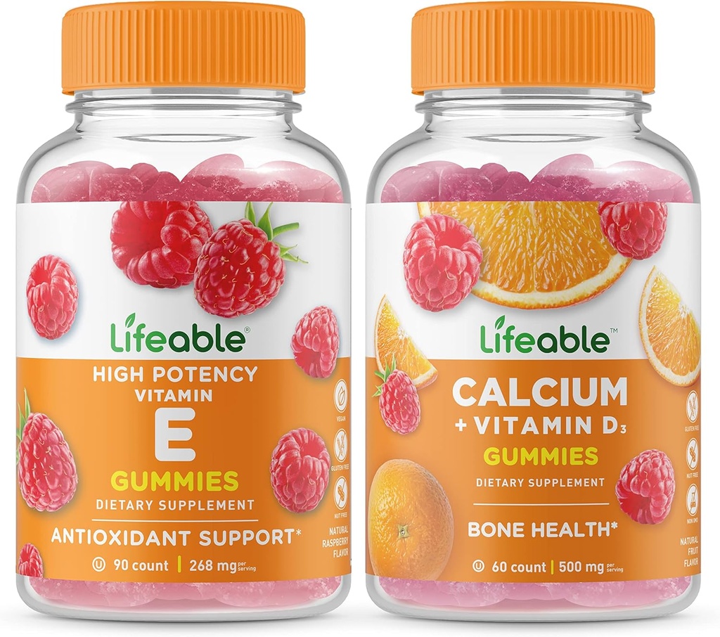 活生生的维生素E + 含维生素D的钙,Gummys Bundle - 大品尝,维生素补充,Gluten Free, GMO Free, Chewable Gummy