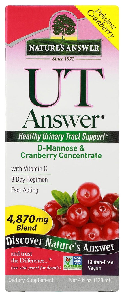Nature's Answer UT Answer & Urinary Tract System Support – Cranberry Flavor 饮食补充 – 无酒精,无葡萄糖,未在动物上测试 & Vegan 4oz