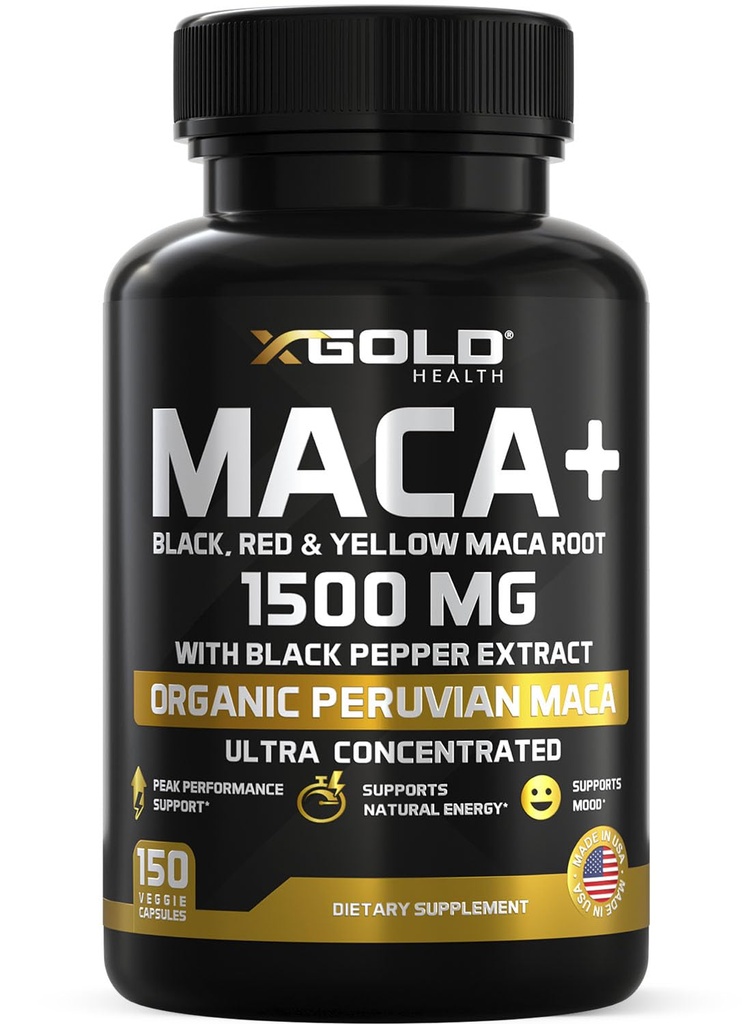 X 黄金健康 有机马卡根粉末 卡普尔 1500mg 配以 Black + 红色和黄色 秘鲁马卡根提取法 Gelatinized, Energy & Mood 补充 男女 + 黑辣椒 最佳收益
