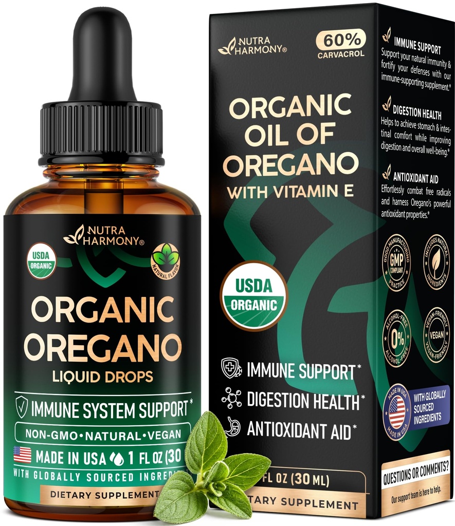 USDA Oregano有机油 -- -- 含维生素E的液体滴液 -- -- 在美国制造 -- 免疫支持、消化卫生和抗氧化剂补充剂 -- -- 非GMO、Natural、Vegan -- -- 作为药丸、卡普苏莱、软胶 1 fl oz