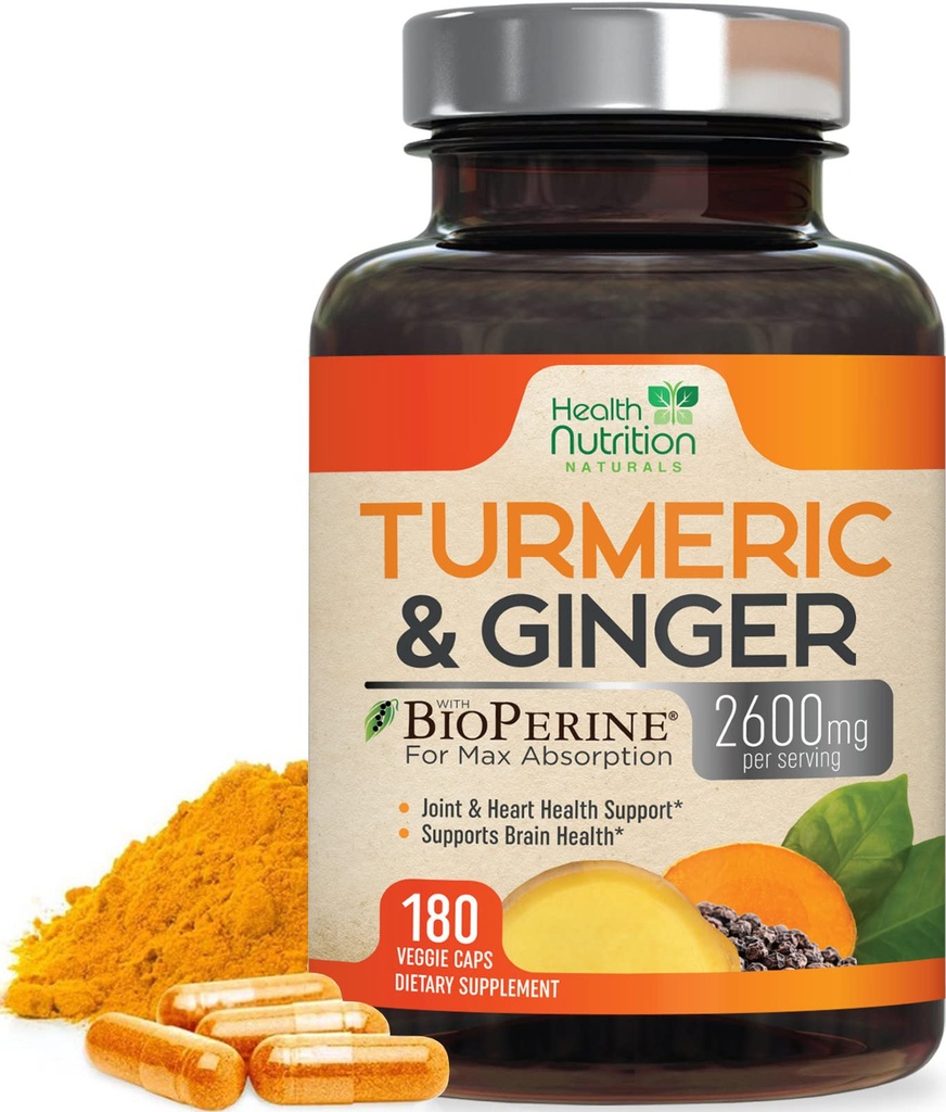 Turmeric Curcumin Supplement 2600mg - 有机姜和Turmeric,95% Curcuminoids, BioPerine Black Pepper for Best Absolute, Nature's Vegan 联合支持, Non-GMO, Bottled in USA - 180 Capsules (英语).