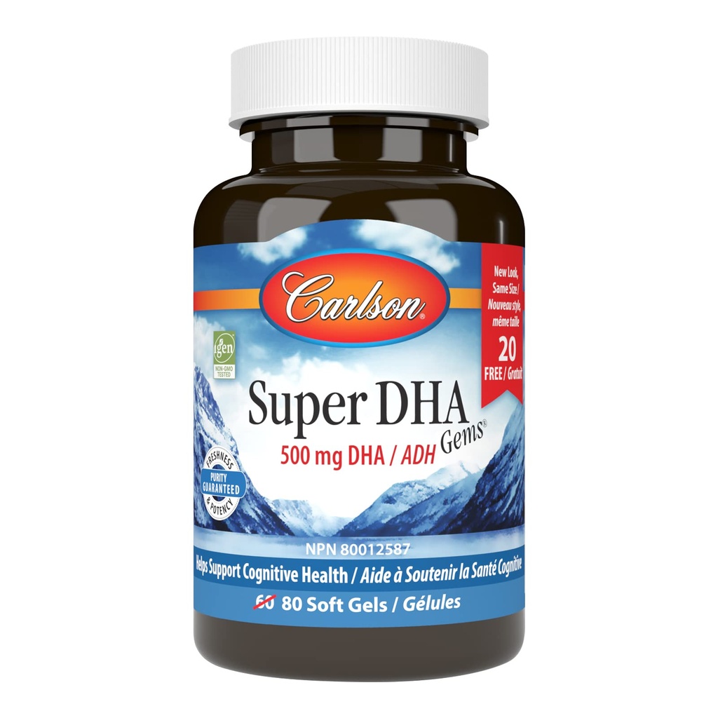 Carlson - 超级DHA宝石,500 mg DHA 补充品,640 mg脂肪酸,野生-捕捉挪威北极鱼油集中,可持续来源的北欧鱼油盖,60+20软胶