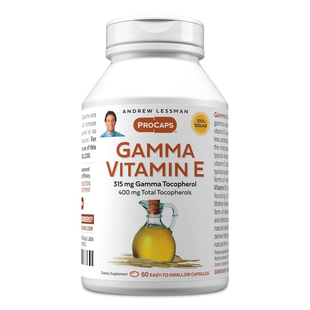 AndreW Lessman Gamma Vitamin E 60 Softgels - 315 mg Gamma Tocopherol, 保护性维生素E. 四种天然Tocopherol与Ahiflower Oil,强抗氧化剂. 无合成形式