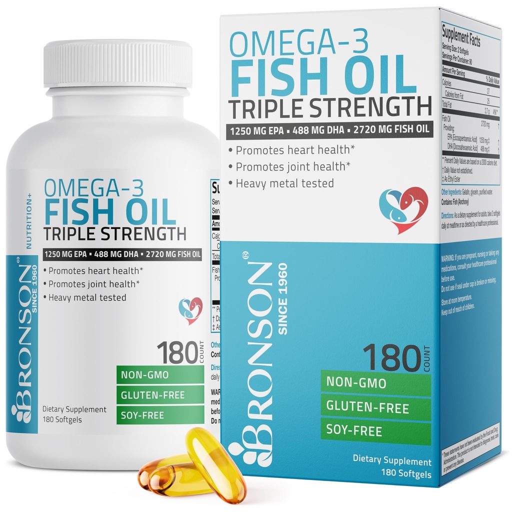 Bronson Omega 3 鱼油三重强度 2720 mg,高环保局 1250 mg DHA 488 mg,非GMO重金属试验,180 Softgels