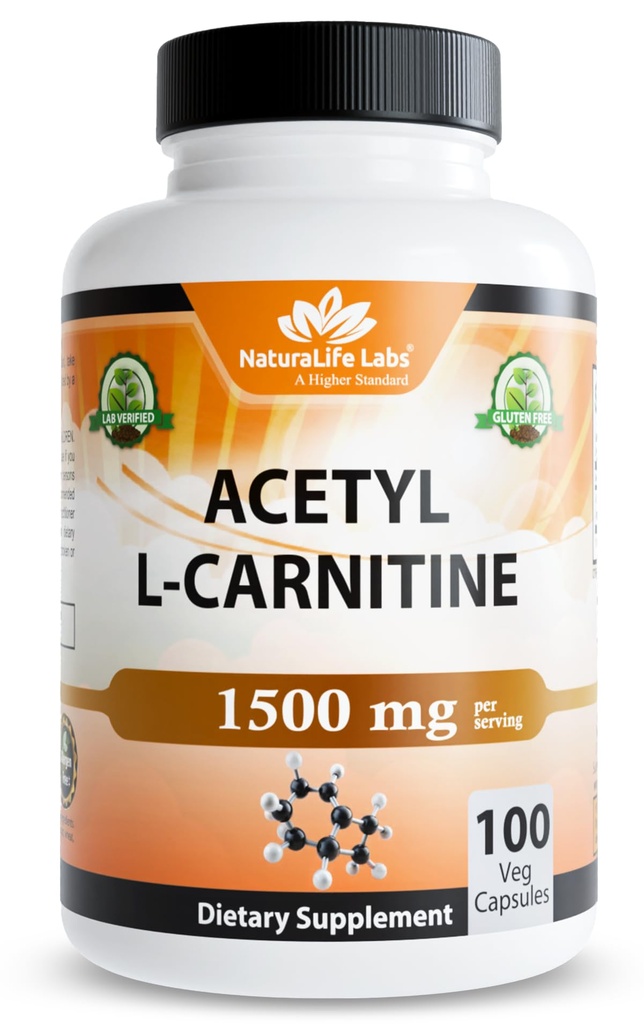NaturalLife Labs Acetyl L-Carnitine (ALCAR) 1500 mg / service – 100 capsules – 非GMO, Gluten-Free, Vegan